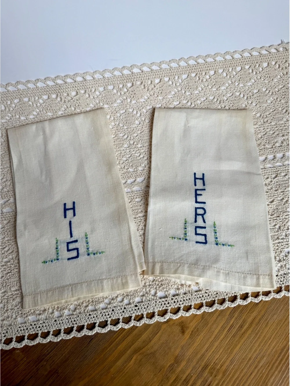 Vintage Embroidered Linen Guest Towels HIS & HERS Set of 2 Blue Green